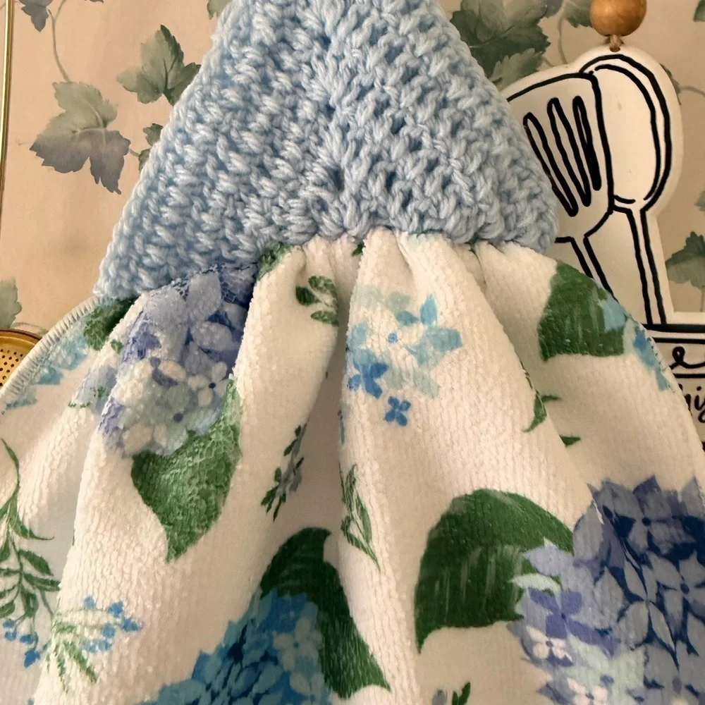Handmade Crochet Top Hanging Kitchen Towel Blue Floral Cottagecore Decor